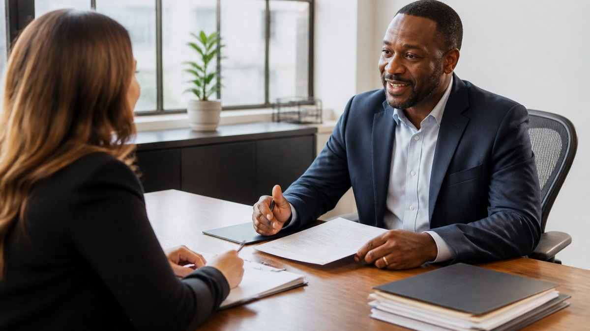Small business owner reviewing documents with an accountant, a top 1800accountant alternative for expert guidance.