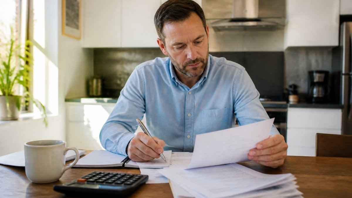 A real estate investor reviewing rental property documents and a laptop at a kitchen table, with a calculator and coffee nearby, warm morning light