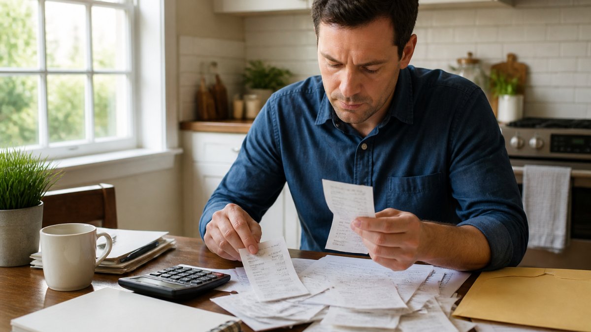 A landlord at a kitchen table reviewing a stack of receipts beside an open laptop and a calculator, soft morning light through a window