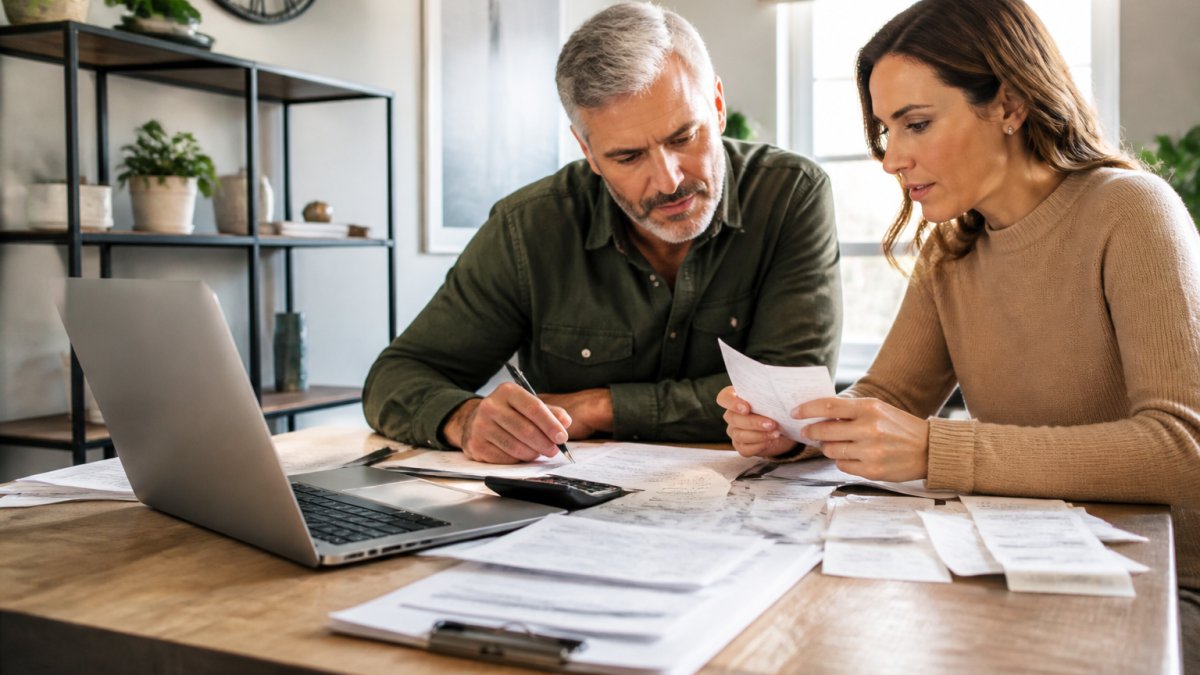 A small business owner and an accountant reviewing bank statements and receipts spread across a desk in a bright home office, laptop open with bookkeeping software