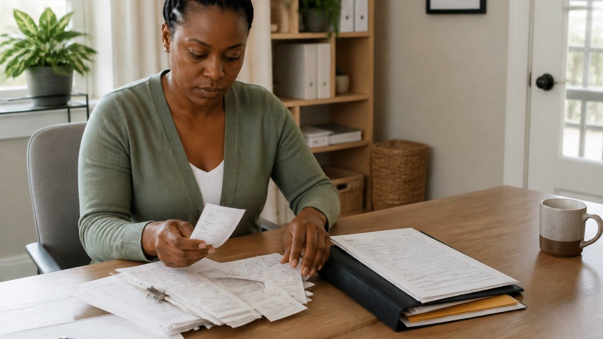 A small business owner at a desk sorting paper receipts and reviewing expense records on a laptop, with a folder of organized documents nearby